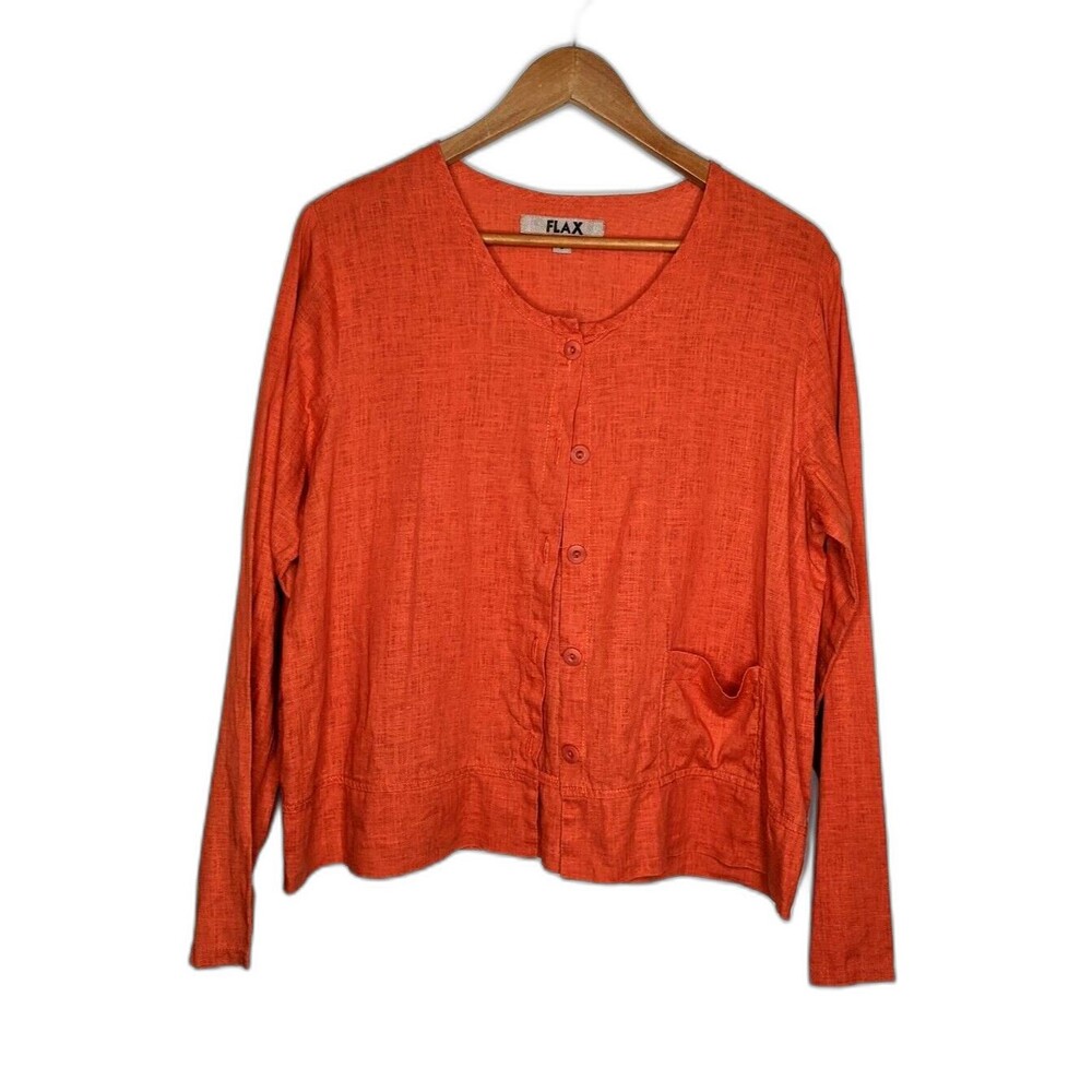 FLAX Designs Pumpkin Orange Linen Lagenlook Blouse Jacket Size S Pocket